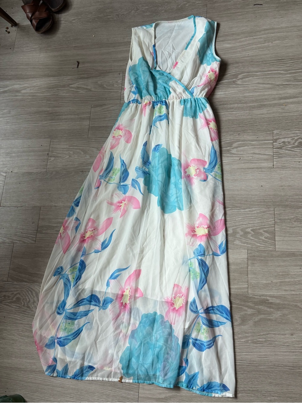 White Floral Maxi Dress with Pink & Blue Blooms